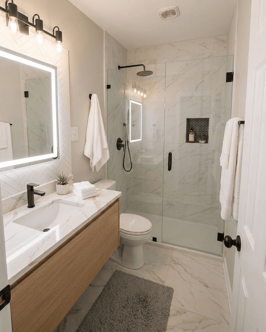 Same small bathroom after remodel, brighter and more open